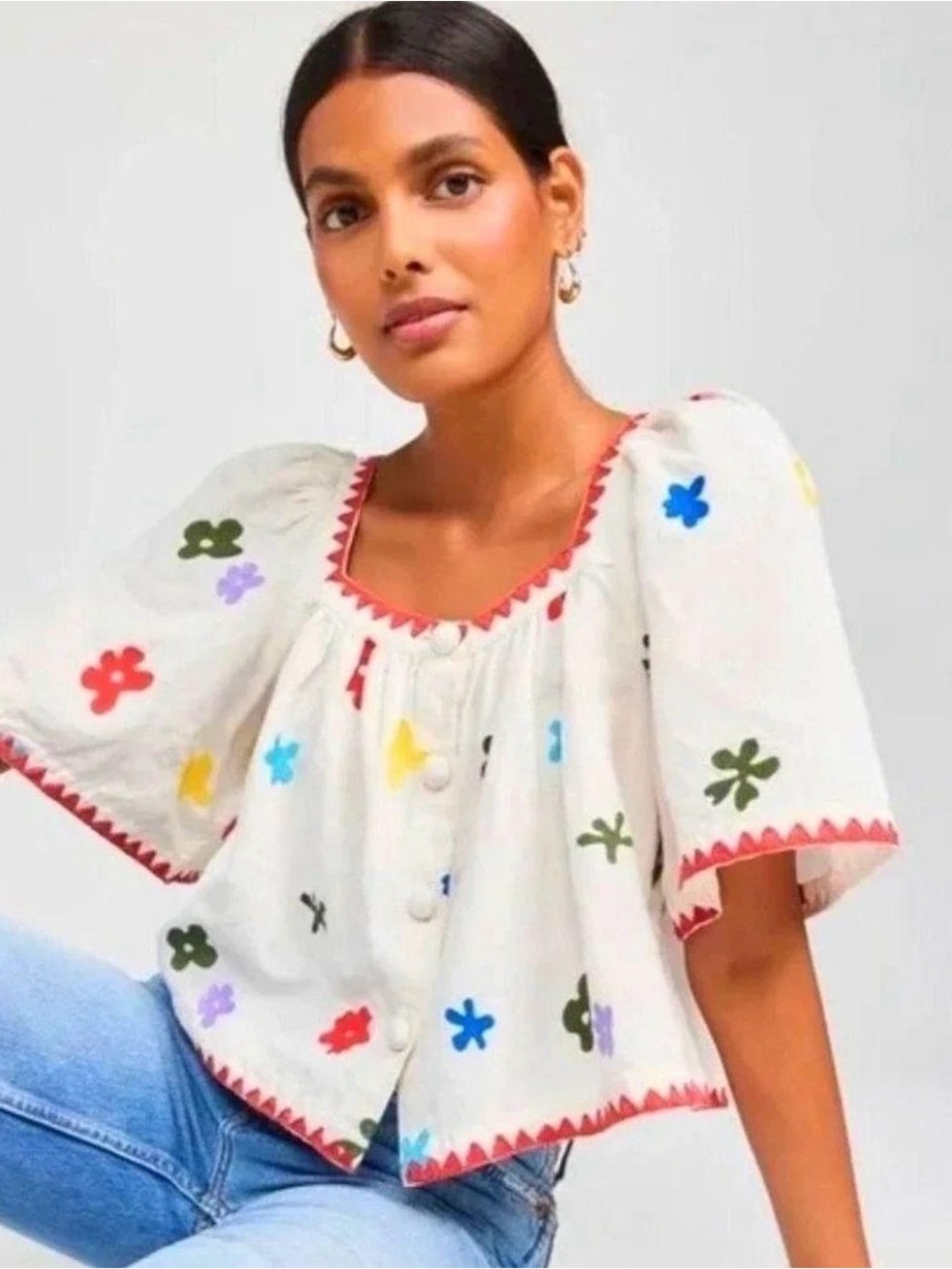NWT HTF  Caroline Constas XS Floral Cropped Puff Bell Sleeve Square Neck Blouse